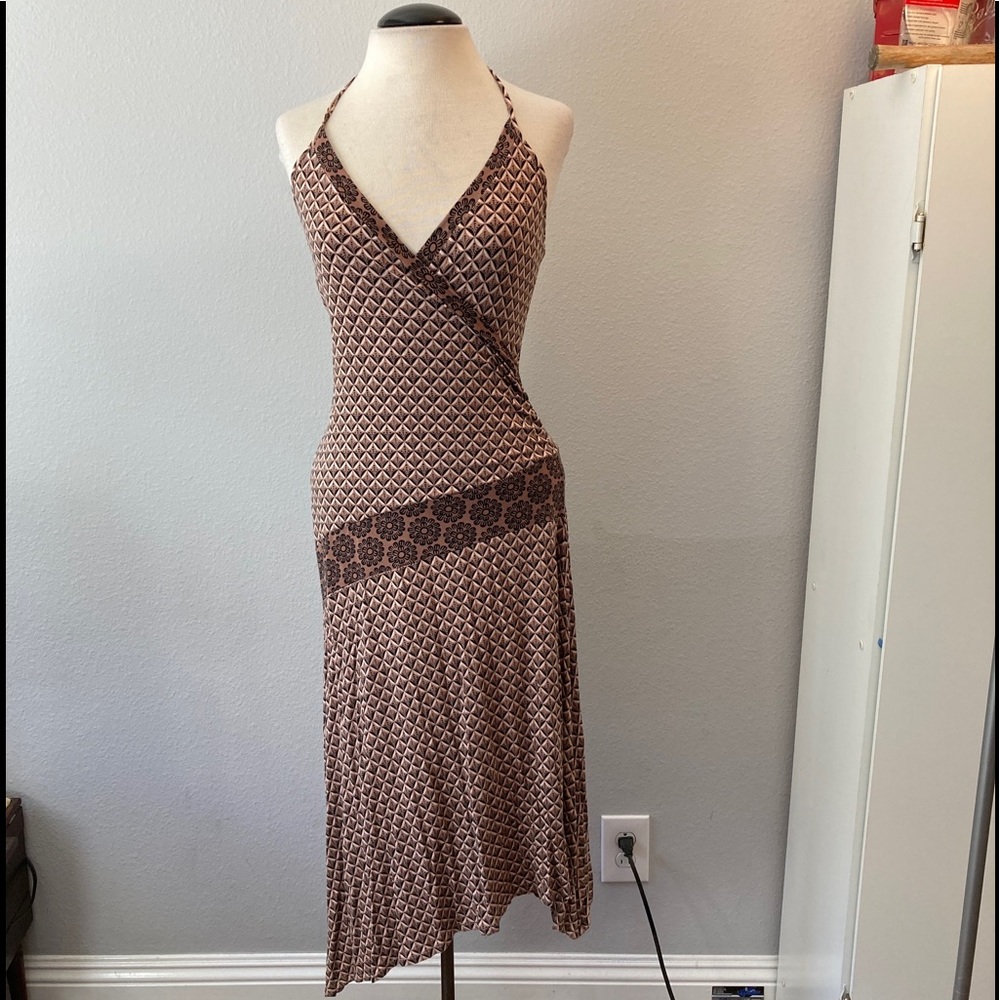 Oasis Brown Print Asymmetrical Halter Dress S/10/36